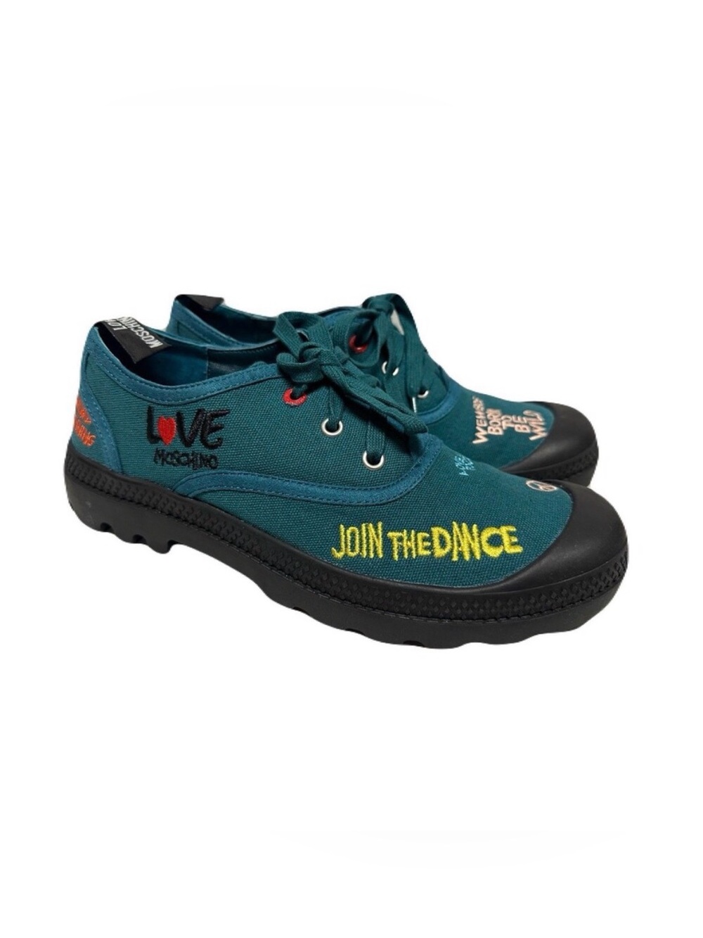 NEW Love Moschino Womens Size 8 Playful Embroidery Sneakers Teal Black Lug Sole